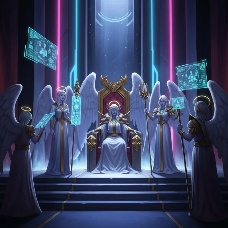Celestial Sci-fi: Angelic Beings in Regal Throne Room