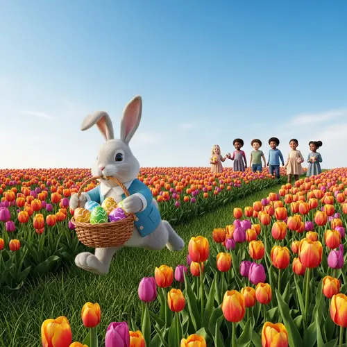 Easter Bunny Bringing Joy: Vibrant Field of Tulips