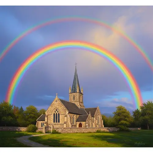 Ethereal Rainbow Over Old-World Church Art