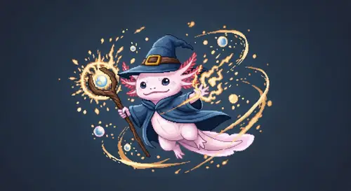 Cute Axolotl Wizard Flying Spell in Cell Shading Style