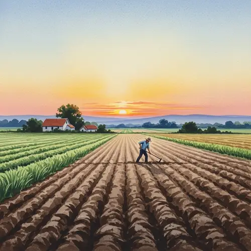 Tranquil Watercolor Painting of Farmer in Expansive Rural Landscape