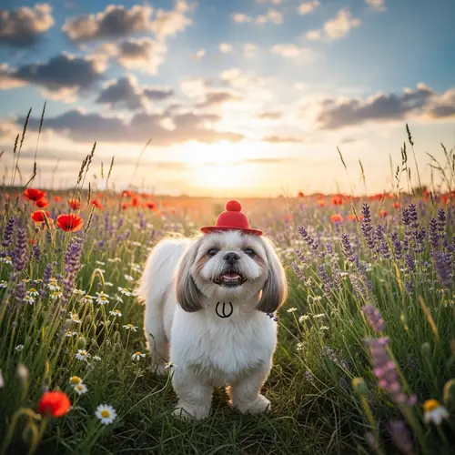 Joyous White Shih Tzu Dog in Vibrant Field with Red Hat