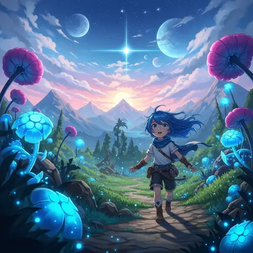 Enchanting Child with Blue Hair Explores Magical Fantasy World