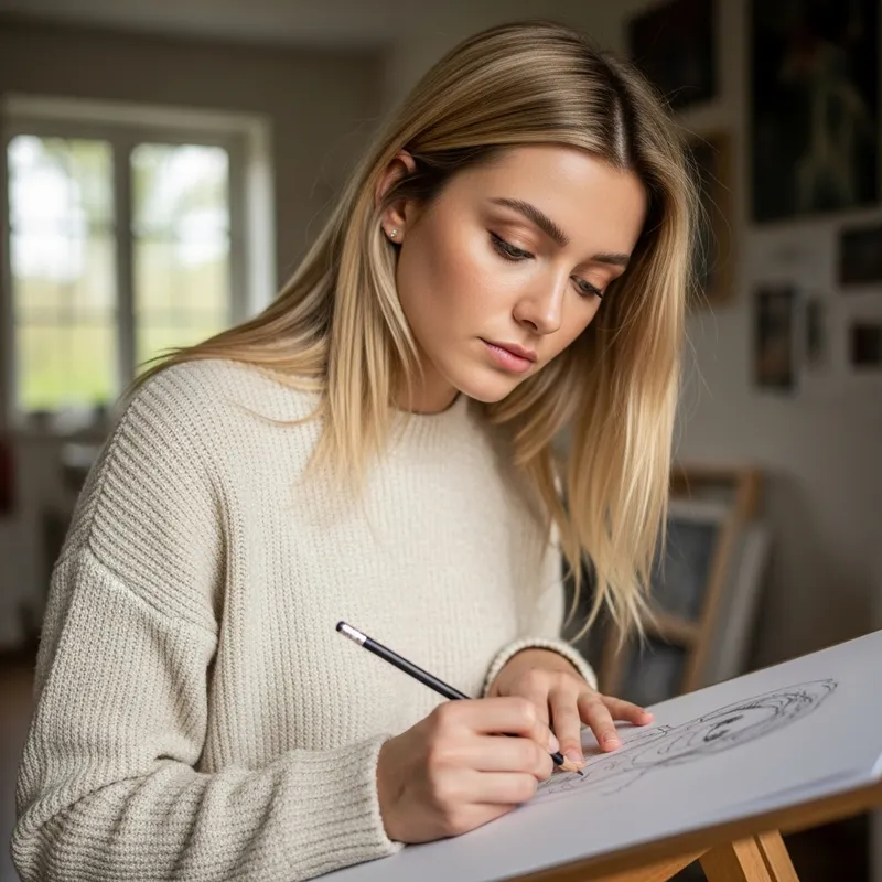 Aline Sketching in Serene Setting with Art Adorned Room and Natural Light Aline Sketching in Serene Setting with Art Adorned Room and Natural Light