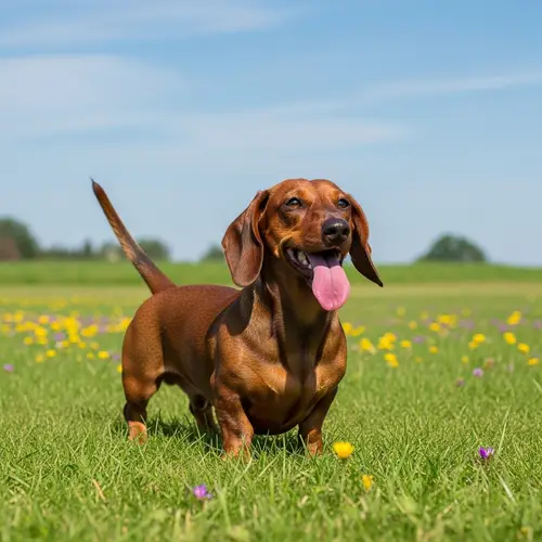 Joyful Dachshund Dog on Grassy Field | Outdoors Delight