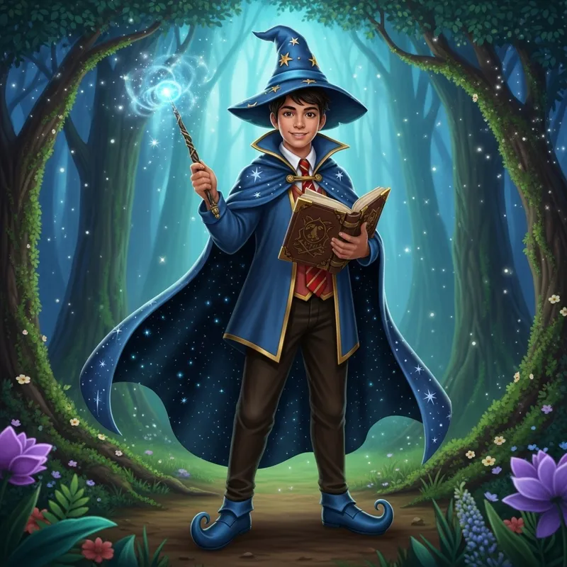Hispanic Teenage Wizard in Enchanting Forest