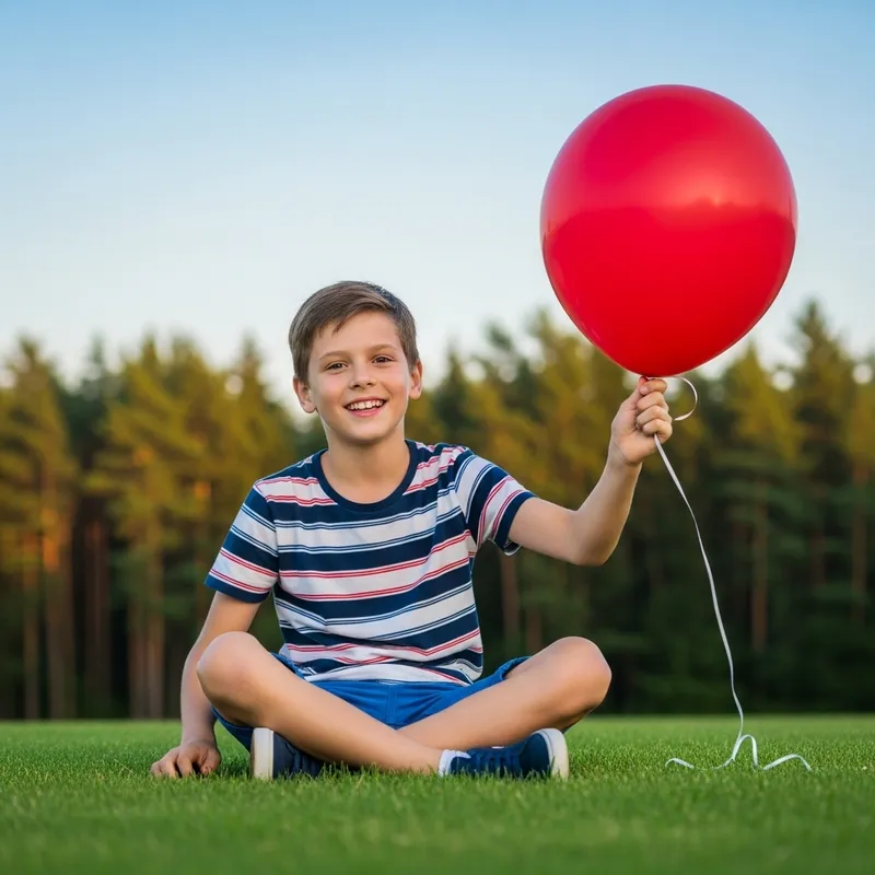 Joyful 10-Year-Old Boy Playing Outdoors with Red Balloon