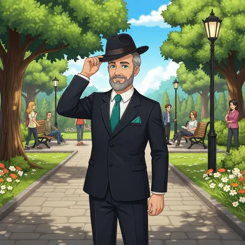 Gentleman Tipping Hat in Sunny Park Scene