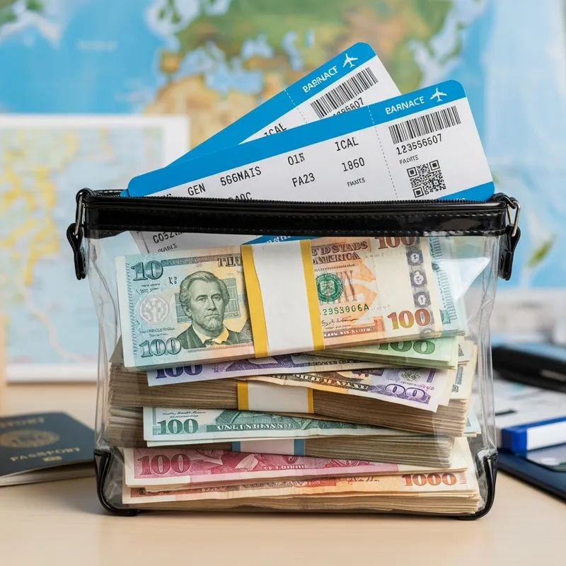 Transparent Bag Full of Money & Airline Tickets Transparent Bag Full of Money & Airline Tickets