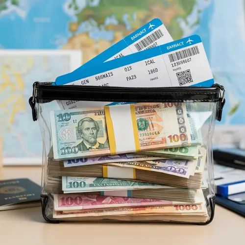 Transparent Bag Full of Money & Airline Tickets