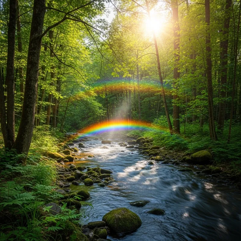 Tranquil Forest by Stream with Water Rainbow | Bright Sunny Day Tranquil Forest by Stream with Water Rainbow | Bright Sunny Day