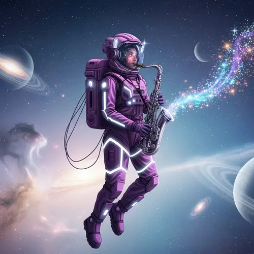 Space Musician: South Asian Astronaut Playing Saxophone in Cosmos