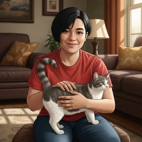 Hispanic Individual with Cat in Cozy Living Room