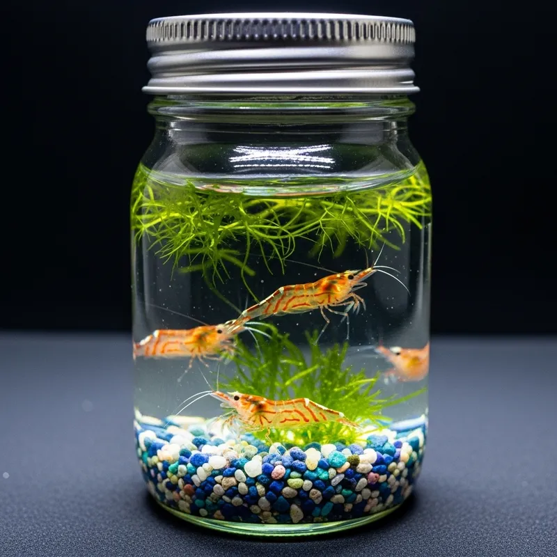 Vibrant Orange-Pink Shrimps in Saltwater Jar