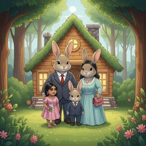 Multicultural Family of Rabbits in Cozy House | Forest Illustration