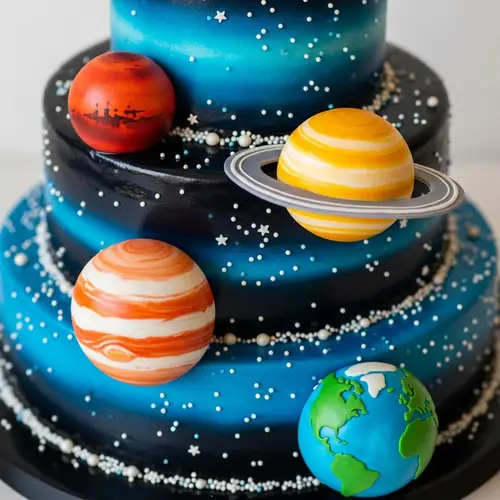 Galactic Birthday Cake with Mars, Jupiter, & Saturn Planets