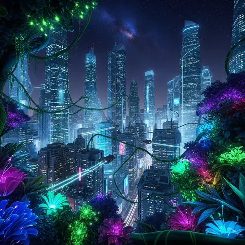 Glowing Skyscrapers in Neon Jungle at Night