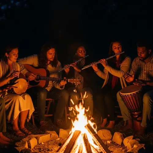 Diverse Group Creating Harmonious Music Around Bonfire
