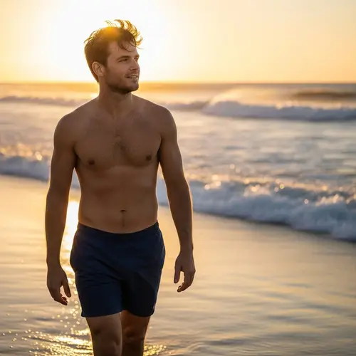 Caucasian Man Walking on the Seaside in Shorts