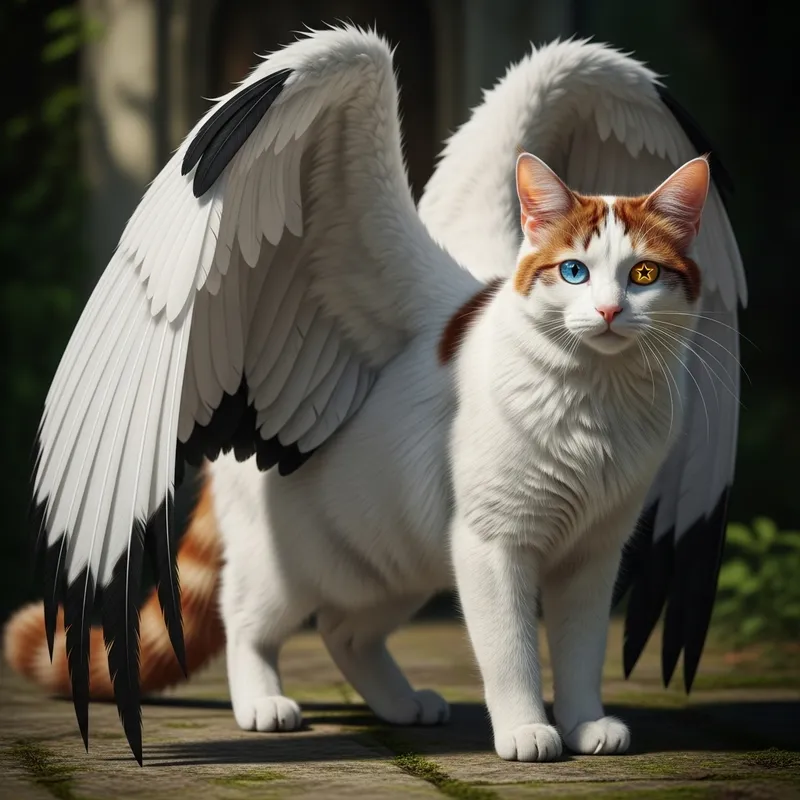 Realistic White Cat with Red Spots and Unique Wing Colors
