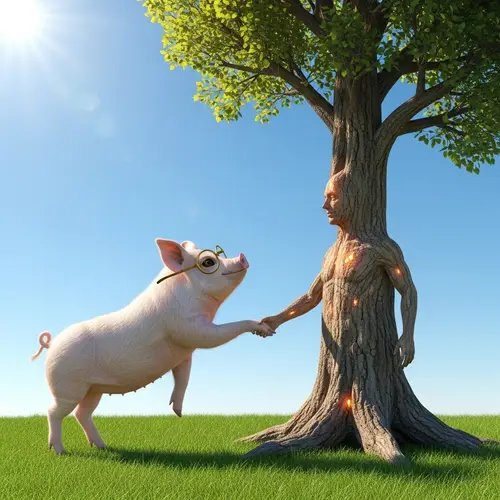 Surreal Scene: Pig Handshaking Tree | Fantasy Atmosphere