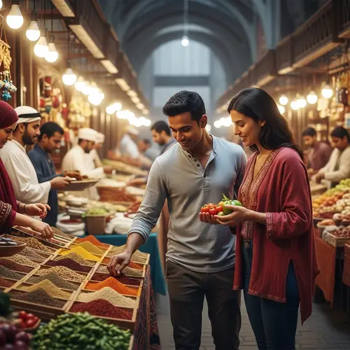 Cultural Marketplace Exploration with South Asian Man and Hispanic Woman