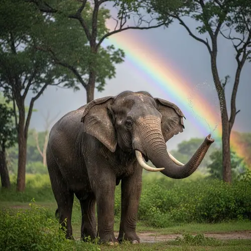 Majestic Elephant Enjoying Rain in Lush Surroundings