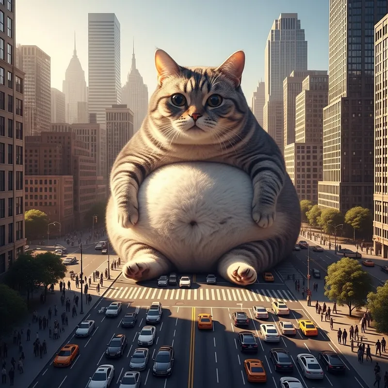 Fat Giant Cat Roaming City Streets - Urban Feline Delight