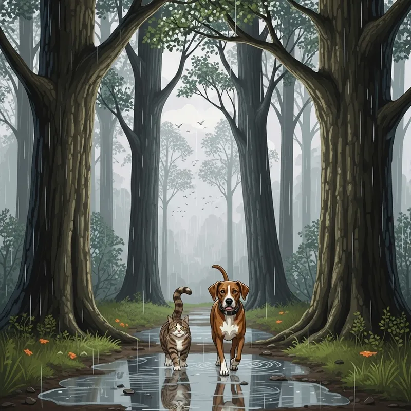 Cat and Dog on Rainy Forest Trail
