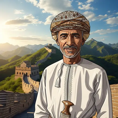 Omani Man in Traditional Attire at Chinese Historical Place