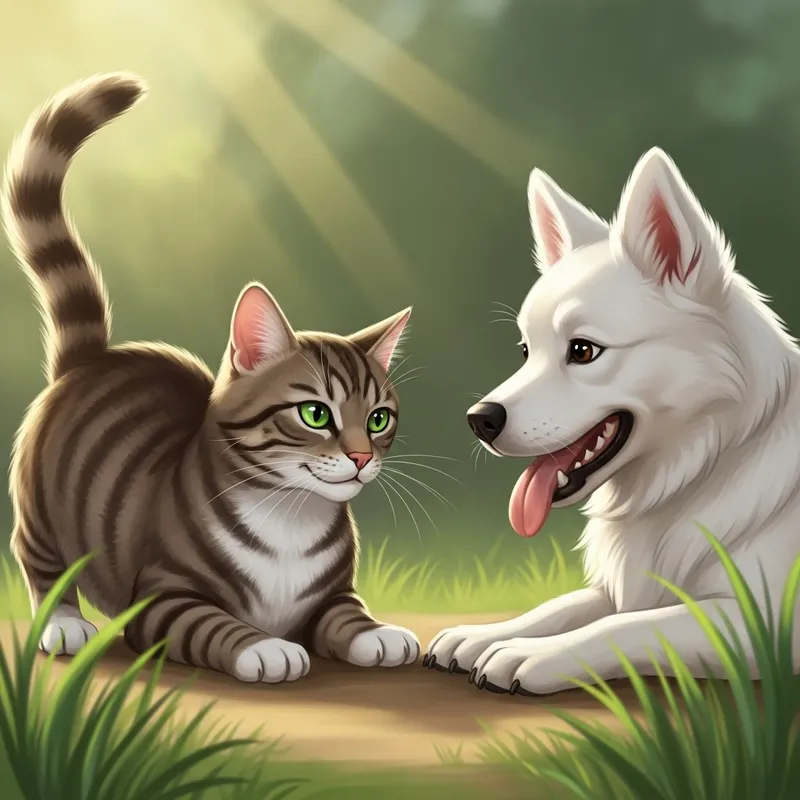 Cat and White Dog In Playful Stare-off