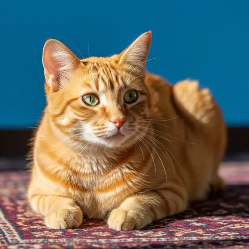 Beautiful Orange Cat on Burgundy Rug | Green Eyes & Blue Background
