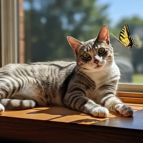 Gray and White Domestic Cat Watching Butterfly | Sunlit Scene