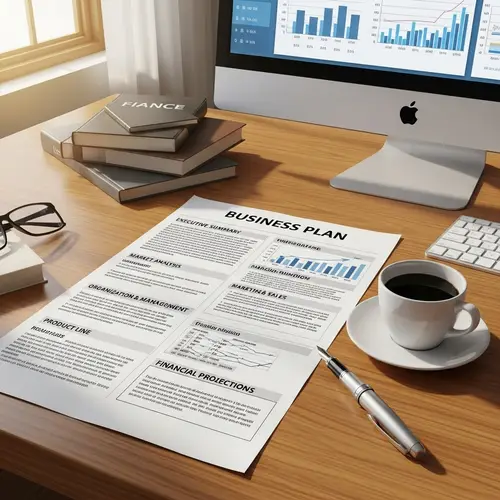 Luxurious Business Plan on Oak Desk | Key Sections & Tools