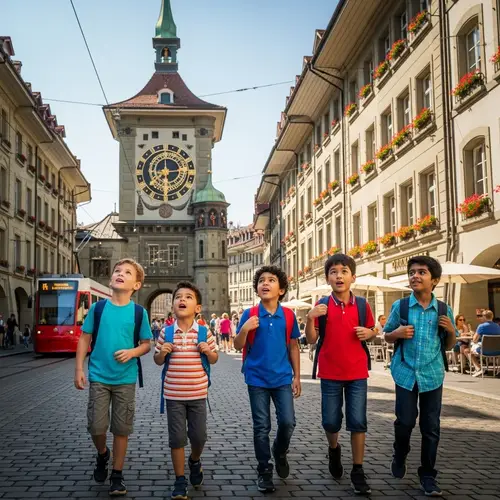 Young Boys Exploring Vibrant City of Bern, Switzerland