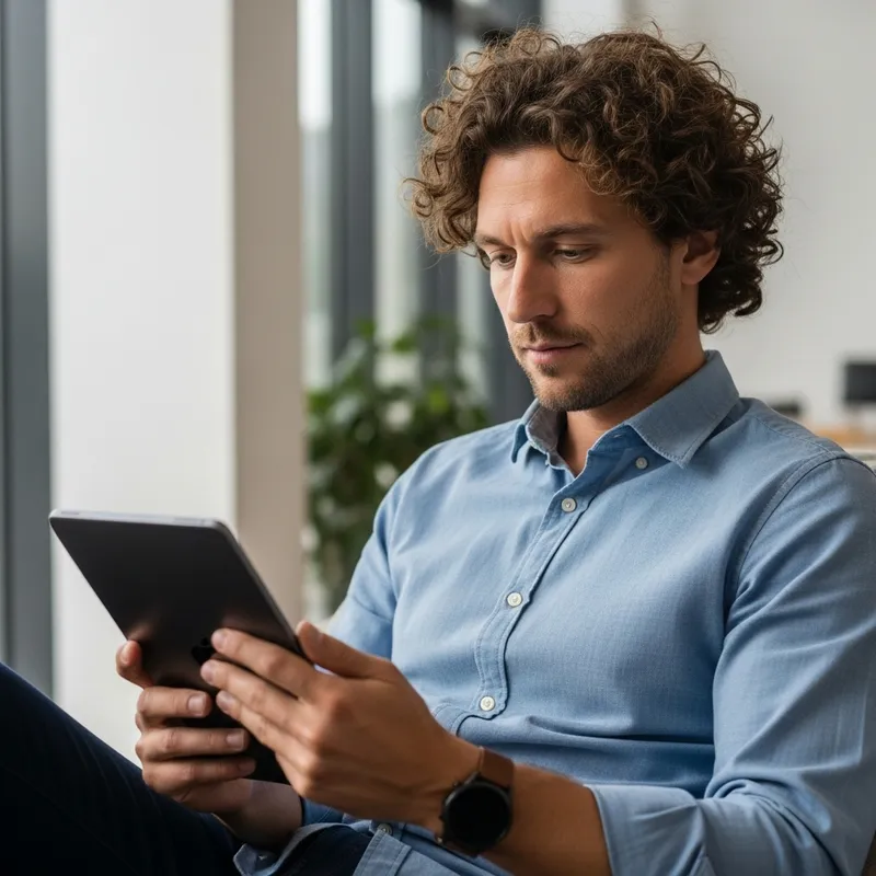 Caucasian Man with Curly Hair Engrossed in iPad | Advanced User Experience