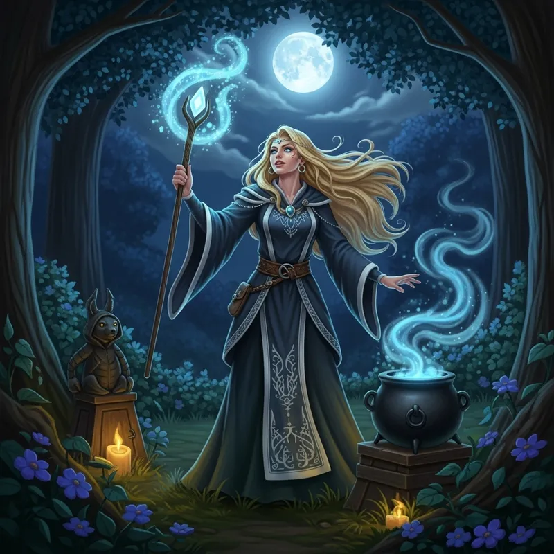 Blonde Sorceress with Long Yellow Hair - Enchanted Woodland Magic