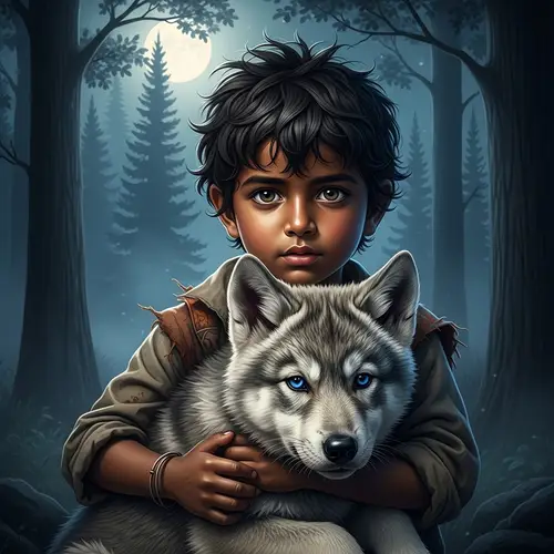 Wild South Asian Boy with Majestic Grey Wolf Pup
