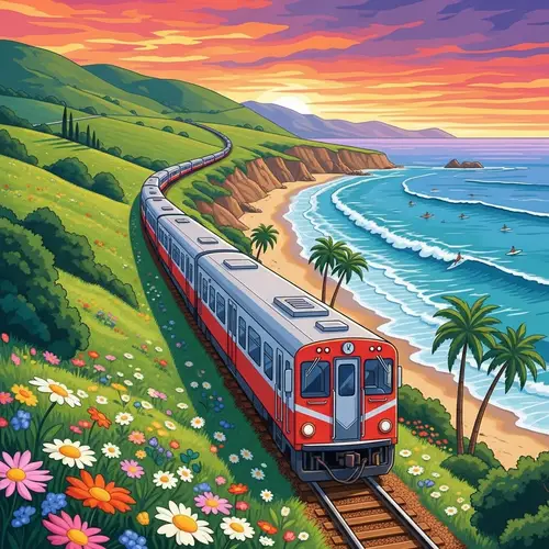 Scenic Train Ride Through Vibrant Beach Landscape