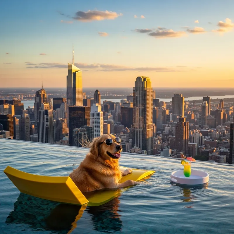 Dog on Top of Building by the Pool