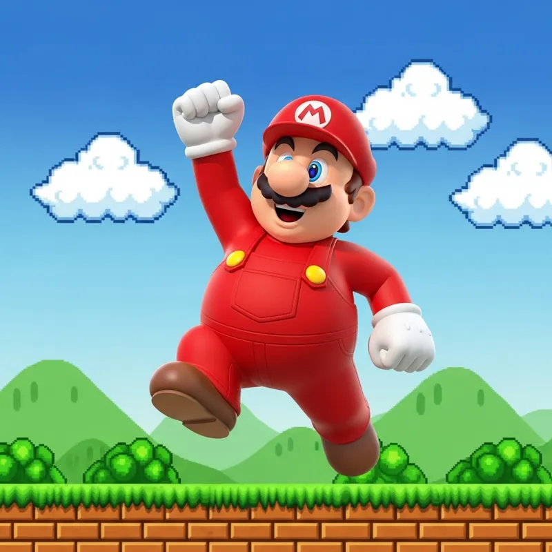 Iconic Mario Character Jumps in Bright Red Overalls