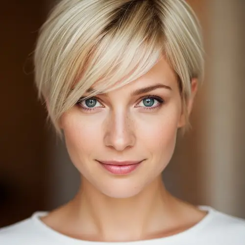 Caucasian Woman with Petite Eyes - Short, Blonde Hair