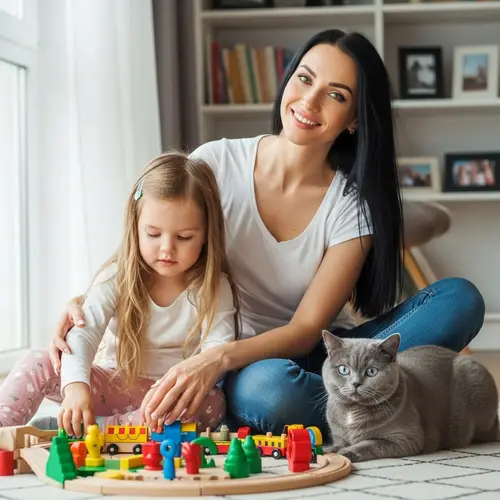 Family Portrait: Mother with Daughter and British Shorthair Cat