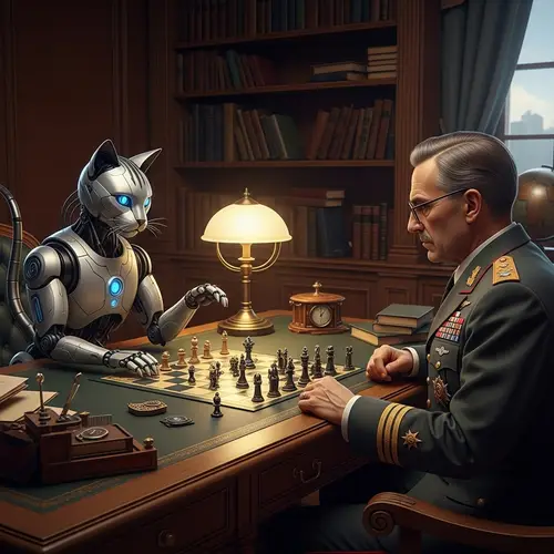 Robot Cat Playing Board Game with Politician - Strategic and Fun