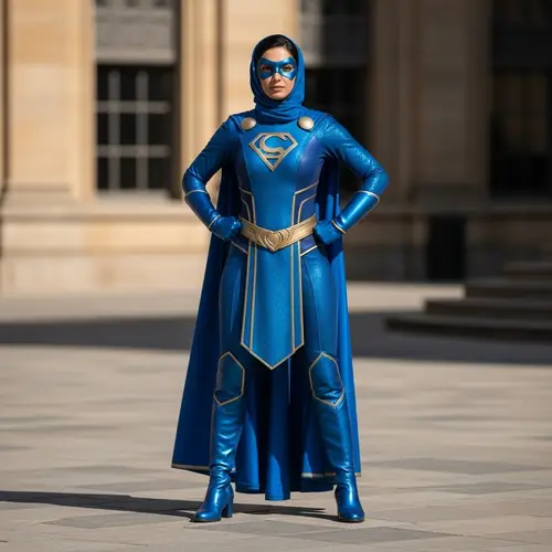 Confident Middle Eastern Superhero Woman in Blue Costume