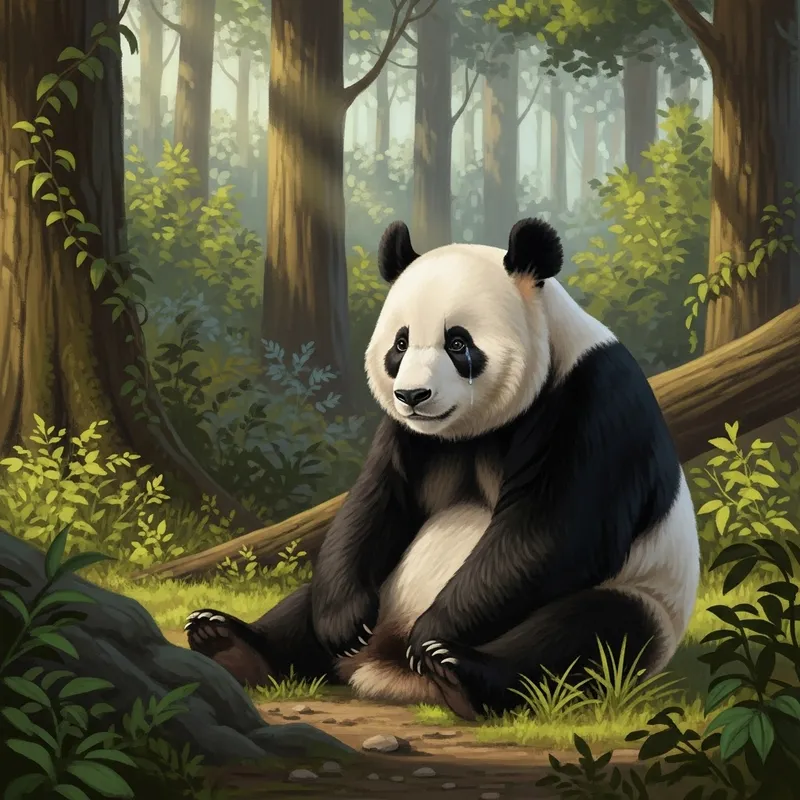 Crying Panda in the Serene Forest
