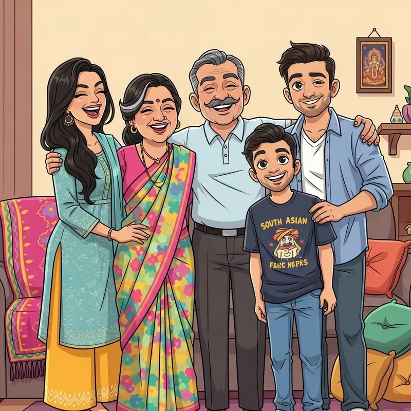 Quirky South Asian Family Cartoon Portrait