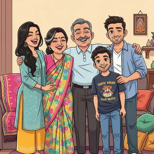 Quirky South Asian Family Cartoon Portrait