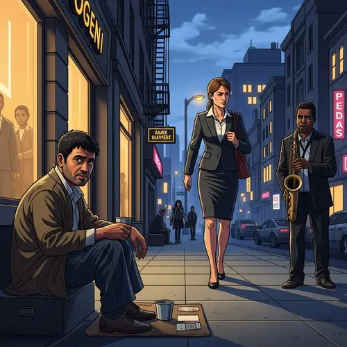 Engaging City Scene with South Asian Beggar and Businesswoman