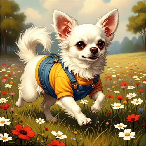 Fluffy Chihuahua in White | Yellow T-Shirt & Overalls | Field of Flowers